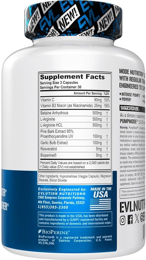 Evlution Nutrition PumpMode: Nitric Oxide Supplement for Maximum Pumps and Performance - Gluten Free, Non-Stimulant Formula with Arginine Betaine and Pine Bark