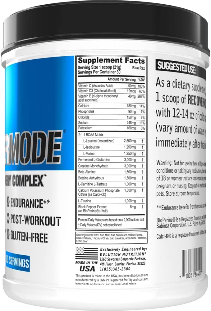 Evlution Nutrition Recover Mode: Post-Workout Supplement with BCAAs, Immunity Support, Vitamins, Electrolytes, and More - Blue Raz, 30 Servings