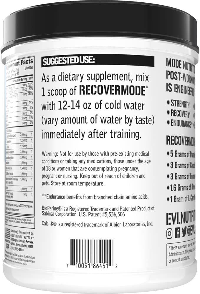 Evlution Nutrition Recover Mode: Post-Workout Supplement with BCAAs, Immunity Support, Vitamins, Electrolytes, and More - Blue Raz, 30 Servings