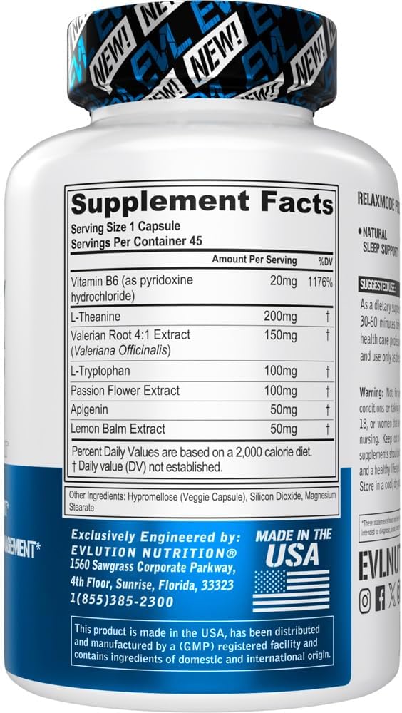 Evlution Nutrition RelaxMode: Natural Sleep Support with L-Theanine & Valerian Root Extract - Vegan & Non-GMO Dietary Supplement - 45 Servings