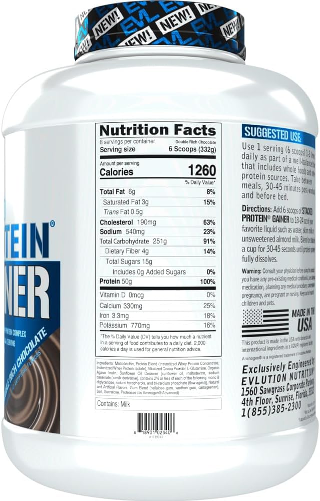 Evlution Nutrition Stacked Protein Gainer - Double Rich Chocolate, 6 LB - 50g Whey Protein, 251g Carbs, Muscle Building, Recovery, Post Workout, Gluten-Free