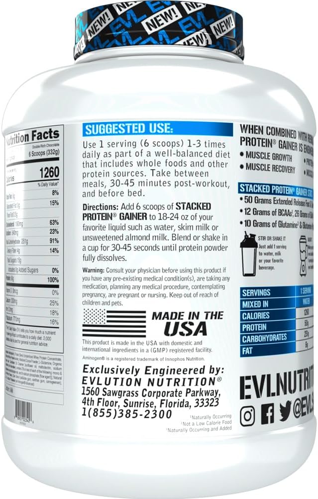 Evlution Nutrition Stacked Protein Gainer - Double Rich Chocolate, 6 LB - 50g Whey Protein, 251g Carbs, Muscle Building, Recovery, Post Workout, Gluten-Free