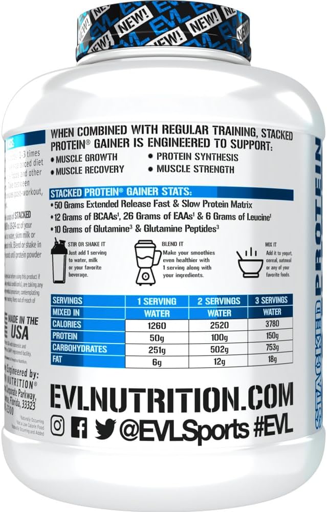 Evlution Nutrition Stacked Protein Gainer - Double Rich Chocolate, 6 LB - 50g Whey Protein, 251g Carbs, Muscle Building, Recovery, Post Workout, Gluten-Free