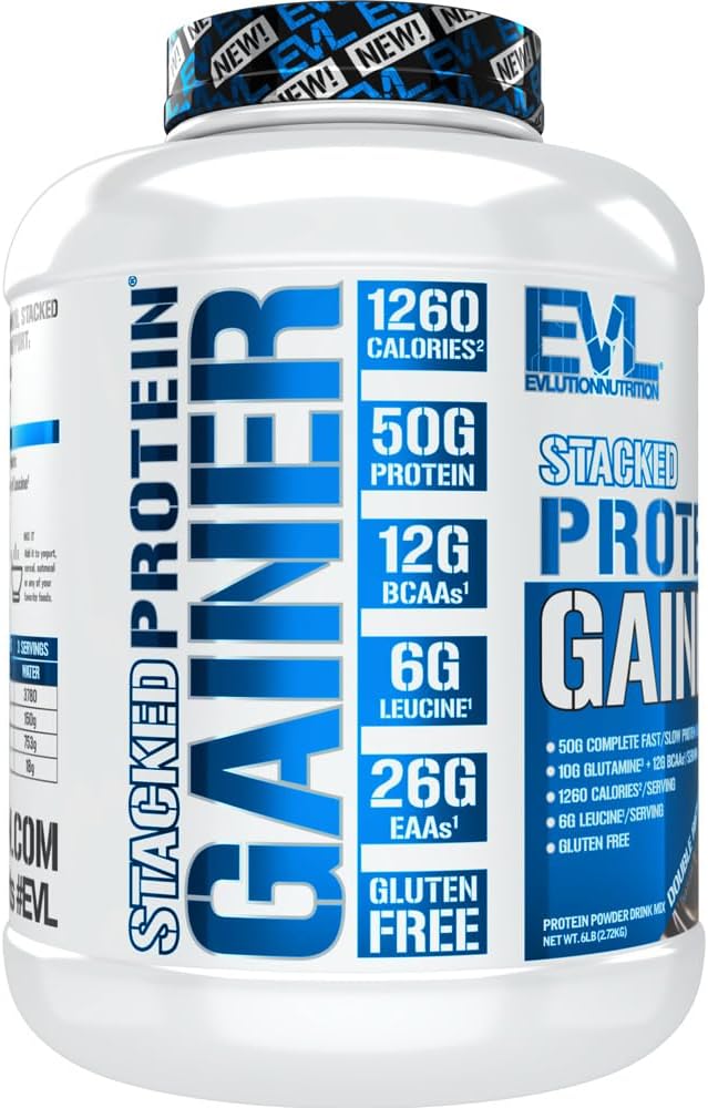 Evlution Nutrition Stacked Protein Gainer - Double Rich Chocolate, 6 LB - 50g Whey Protein, 251g Carbs, Muscle Building, Recovery, Post Workout, Gluten-Free