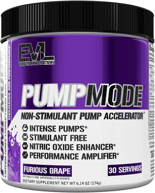 Evlution PumpMode Nitric Oxide Booster Pre Workout Powder - Glycerol & Betaine for Muscle Recovery, Growth, Endurance - Stim Free Drink - Furious Grape Flavor