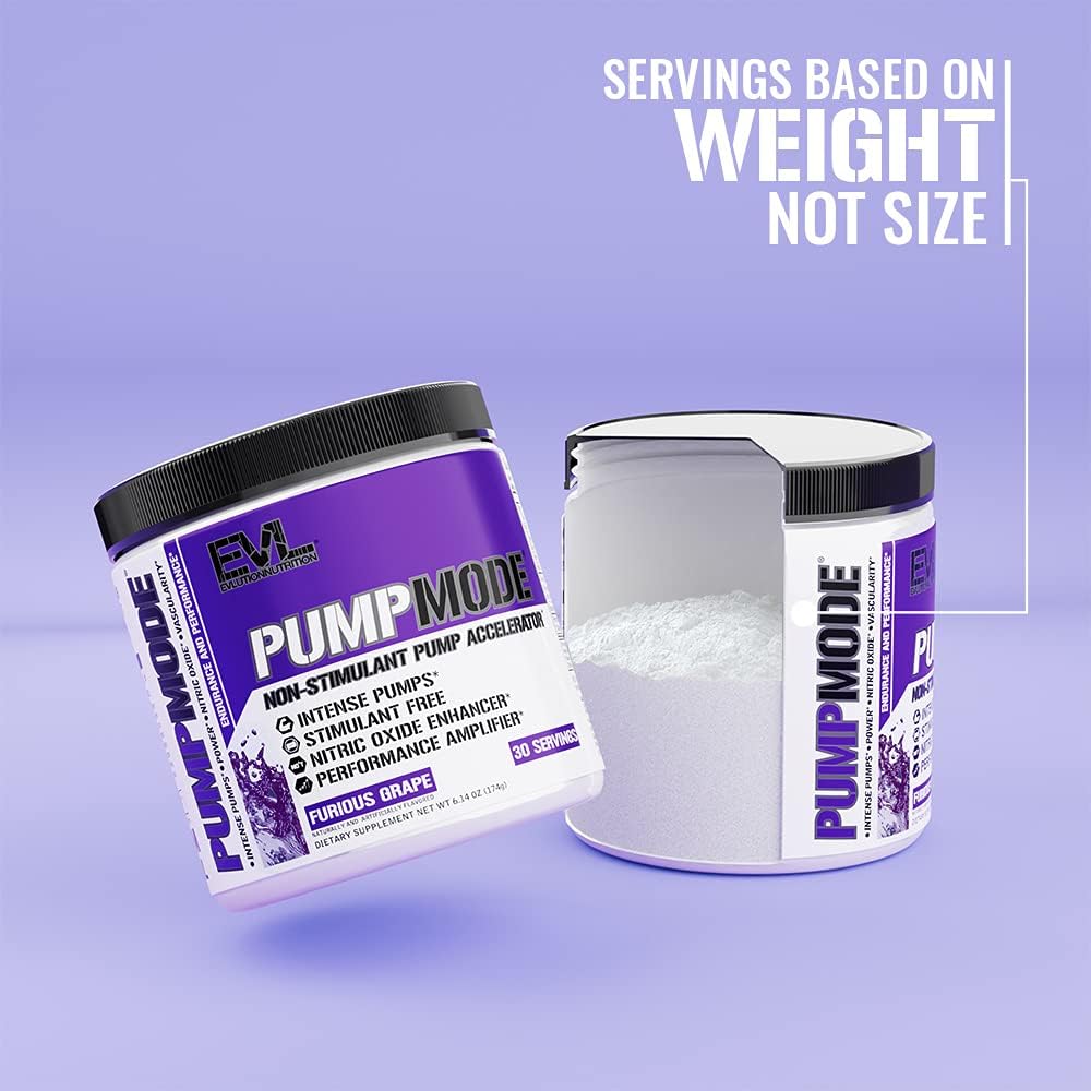 Evlution PumpMode Nitric Oxide Booster Pre Workout Powder - Glycerol & Betaine for Muscle Recovery, Growth, Endurance - Stim Free Drink - Furious Grape Flavor