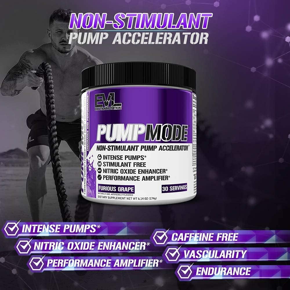 Evlution PumpMode Nitric Oxide Booster Pre Workout Powder - Glycerol & Betaine for Muscle Recovery, Growth, Endurance - Stim Free Drink - Furious Grape Flavor