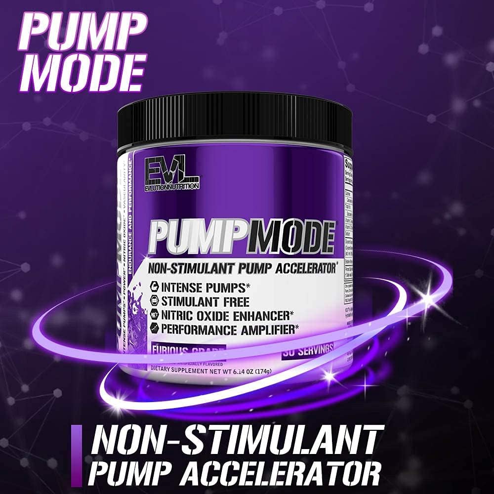 Evlution PumpMode Nitric Oxide Booster Pre Workout Powder - Glycerol & Betaine for Muscle Recovery, Growth, Endurance - Stim Free Drink - Furious Grape Flavor