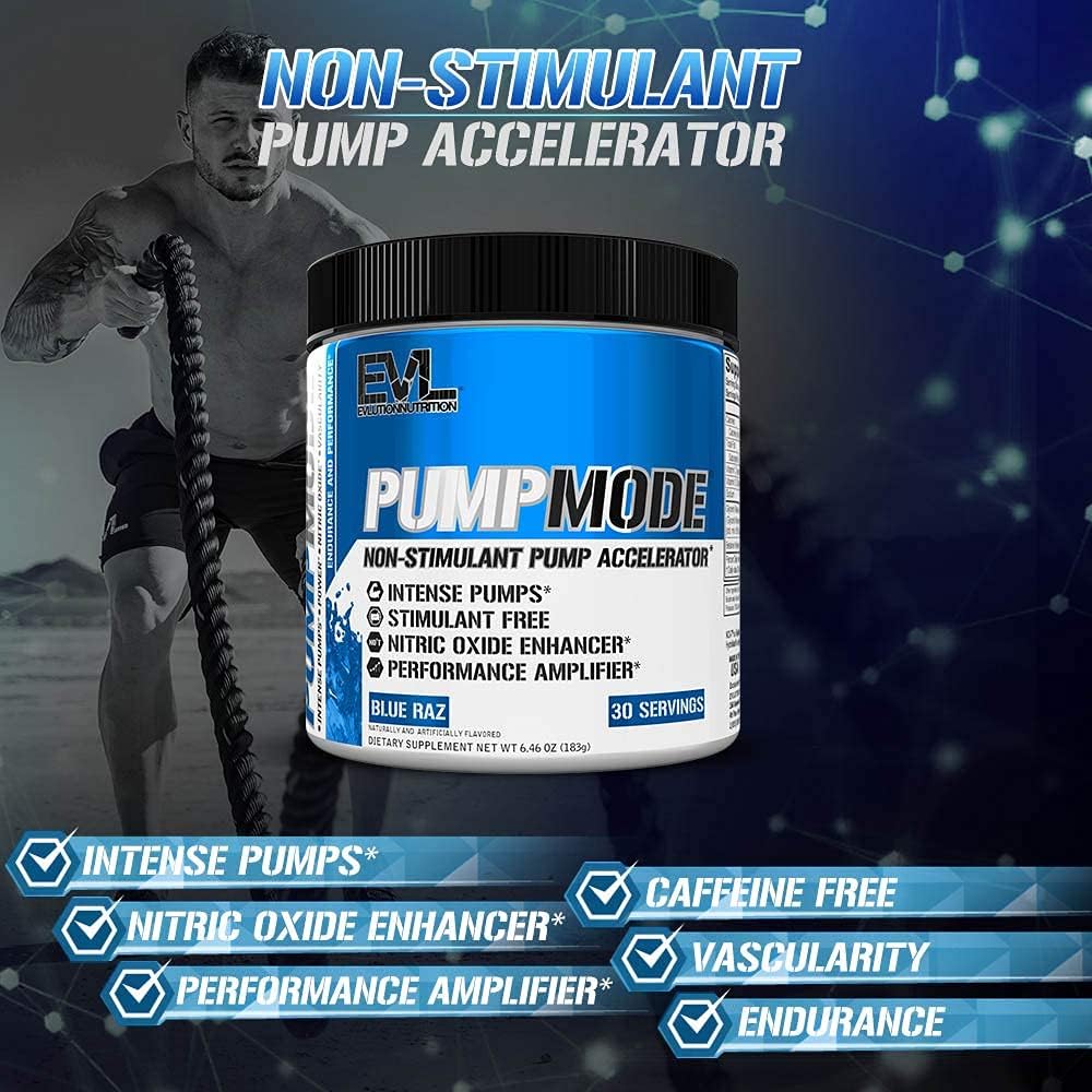 Evlution PumpMode Nitric Oxide Booster Pre Workout Powder - Muscle Recovery, Growth, Endurance - Stimulant Free Drink