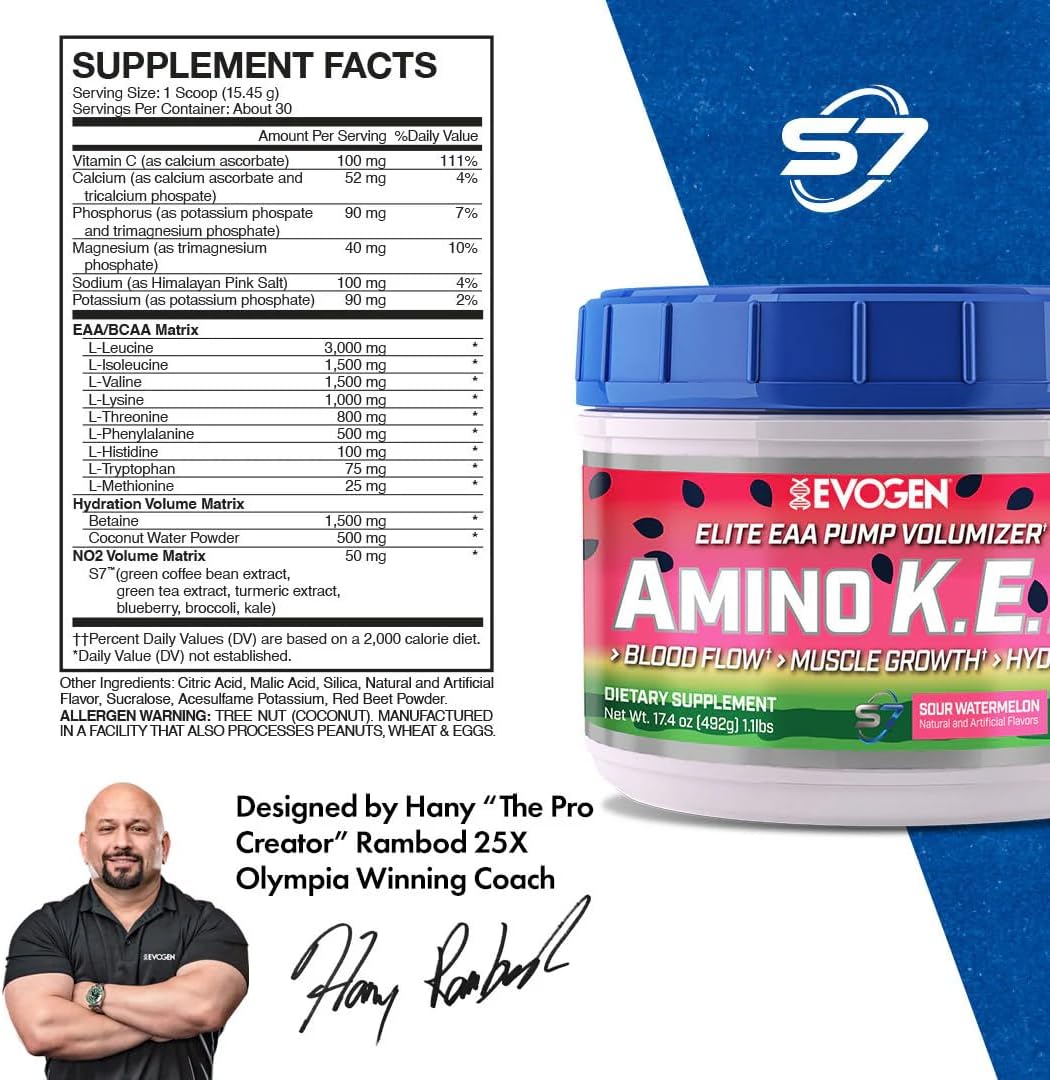 Evogen Amino K.E.M. - EAA & BCAA Powder Pump Volumizer for Blood Flow, Muscle Growth, & Hydration - Sour Watermelon, 30 Servings
