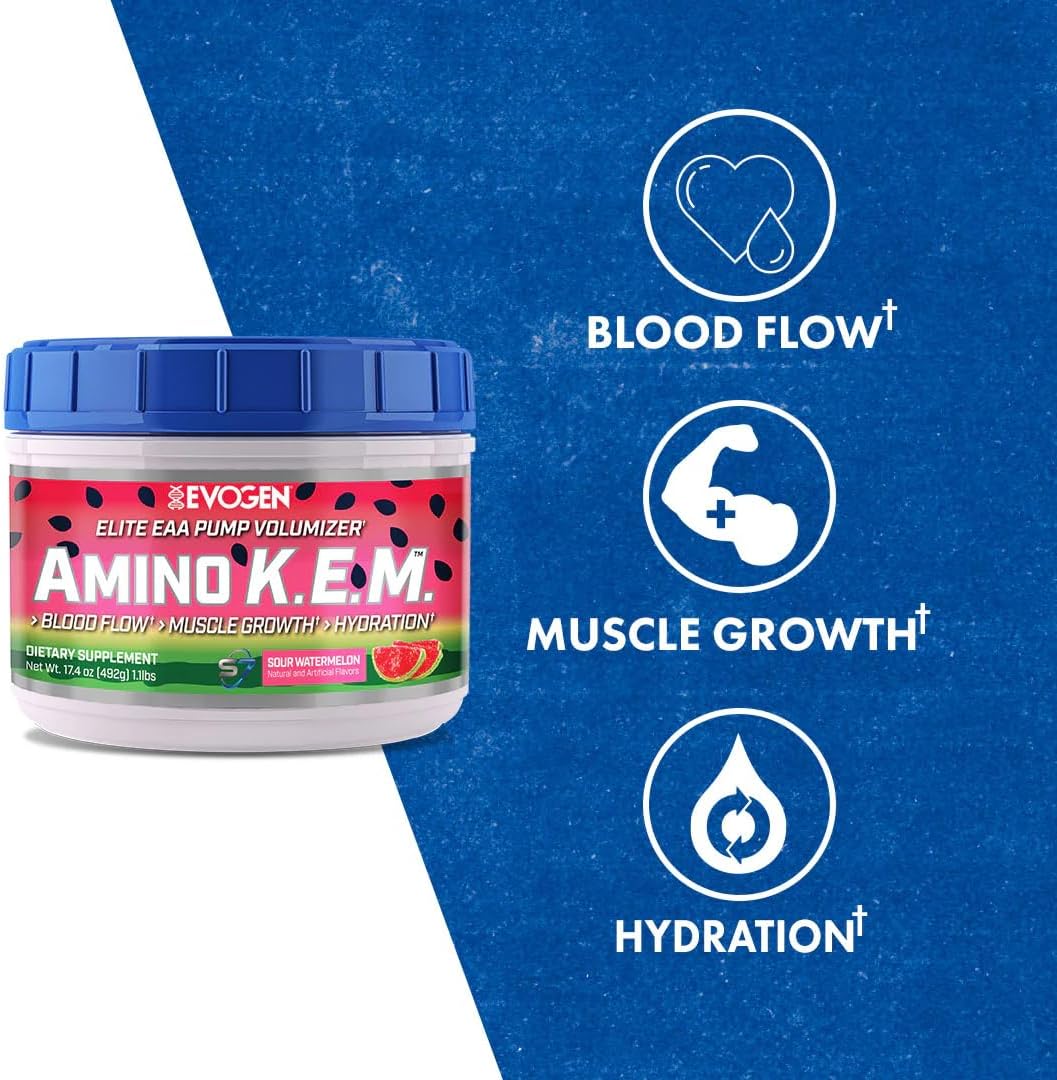 Evogen Amino K.E.M. - EAA & BCAA Powder Pump Volumizer for Blood Flow, Muscle Growth, & Hydration - Sour Watermelon, 30 Servings