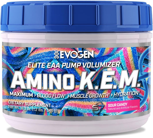 Evogen Amino K.E.M. Sour Candy - EAA & BCAA Powder Pump Volumizer for Muscle Growth & Hydration | BCAAs Amino Acids Supplement with Blood Flow Support | 30 Servings