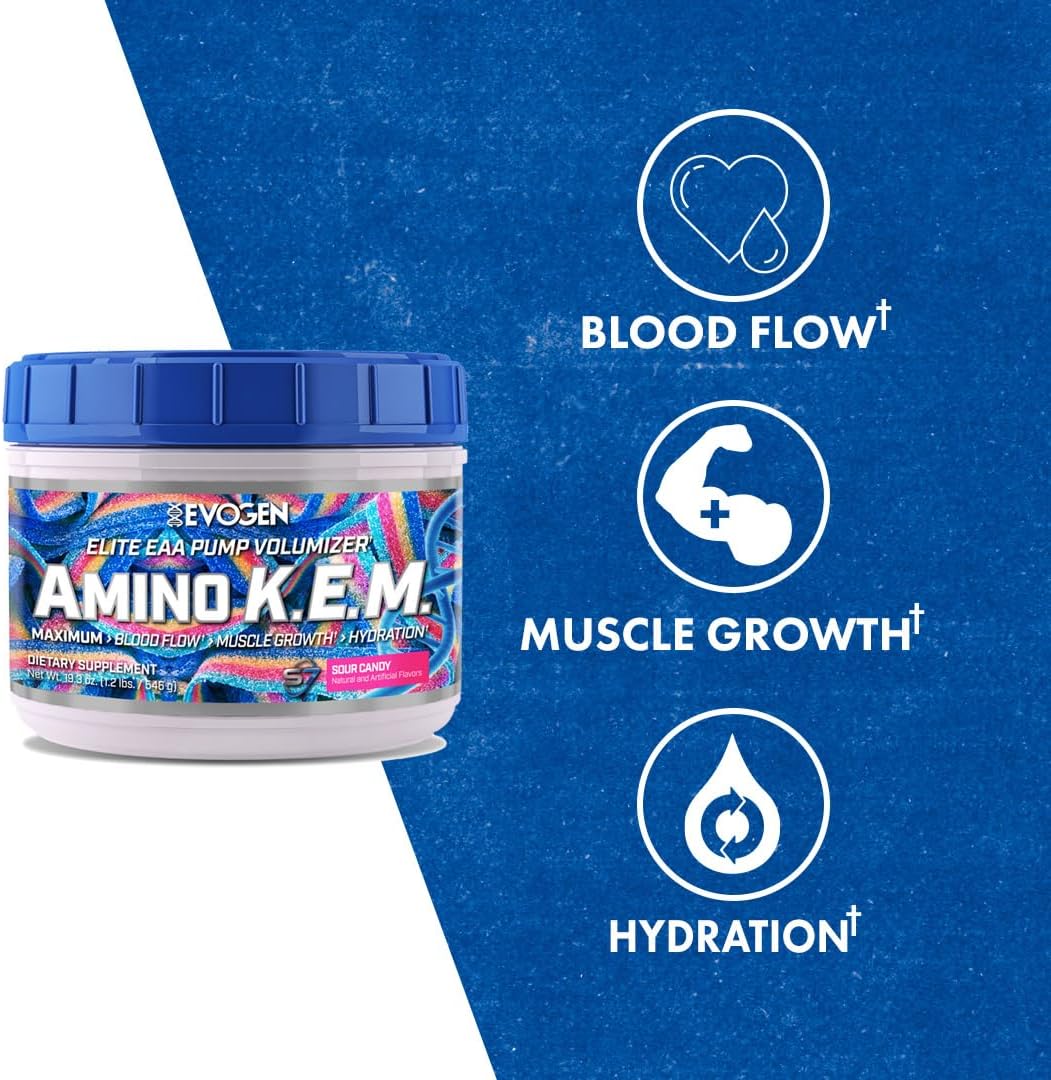 Evogen Amino K.E.M. Sour Candy - EAA & BCAA Powder Pump Volumizer for Muscle Growth & Hydration | BCAAs Amino Acids Supplement with Blood Flow Support | 30 Servings
