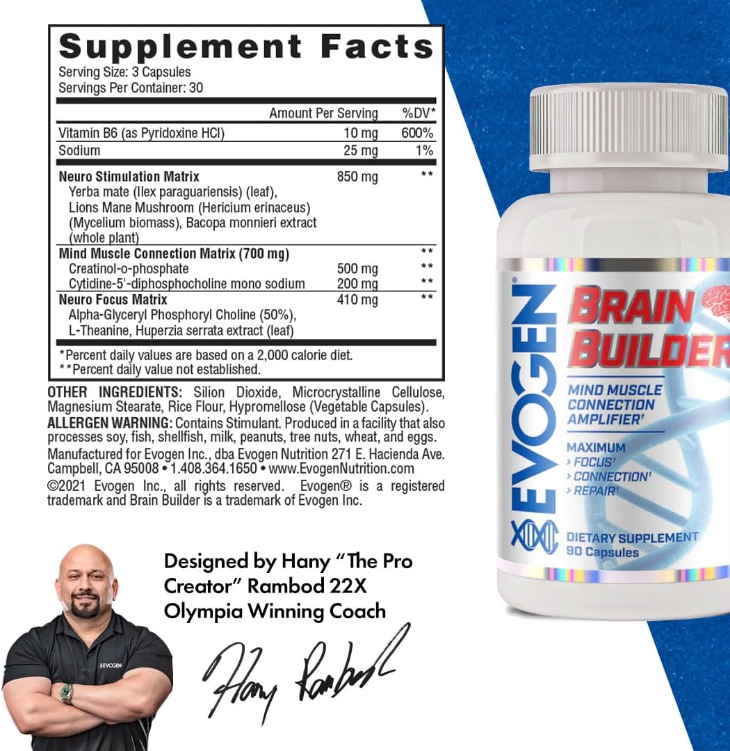 Evogen Brain Builder Capsules - Enhance Mind-Muscle Connection & Boost Focus with Lions Mane, Bacopa Monnieri, Alpha-GPC - 90 Count
