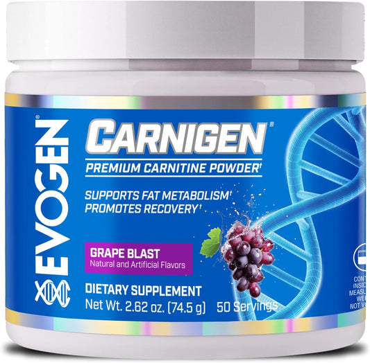 Evogen Carnigen Grape Flavor L-Carnitine Powder - Stimulant-Free Supplement for Fat Metabolism and Recovery - 50 Servings
