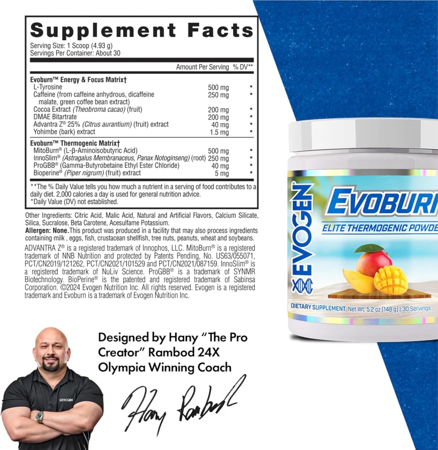 Evogen Evoburn Mango - Advanced Thermogenic Healthy Weight Support with MitoBurn & Caffeine | Energy, Focus, Appetite Control | Metabolism Booster for Men & Women | 30 Servings