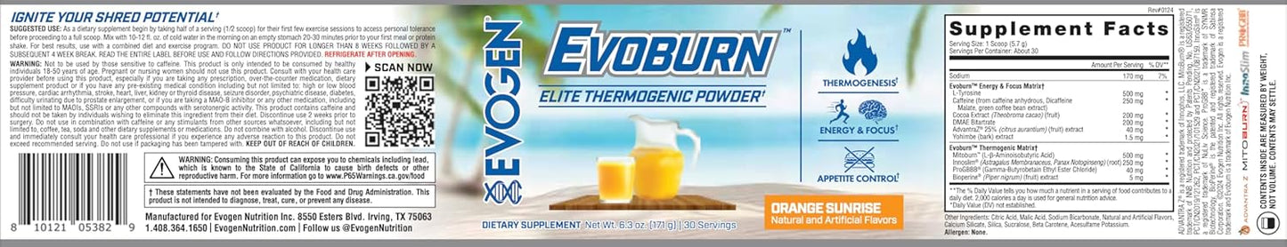 Evogen Evoburn Orange Sunrise - Advanced Thermogenic Healthy Weight Support for Energy, Focus, Appetite Control - Metabolism Booster with MitoBurn & Caffeine - 30 Servings