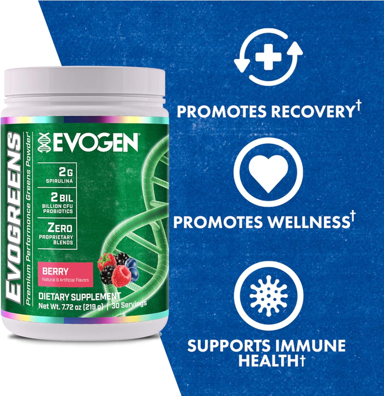 Evogen Evogreens Super Greens Powder - Boost Recovery, Wellness, & Immune Health - Spirulina, Probiotics, Pomegranate - Berry - 30 Servings