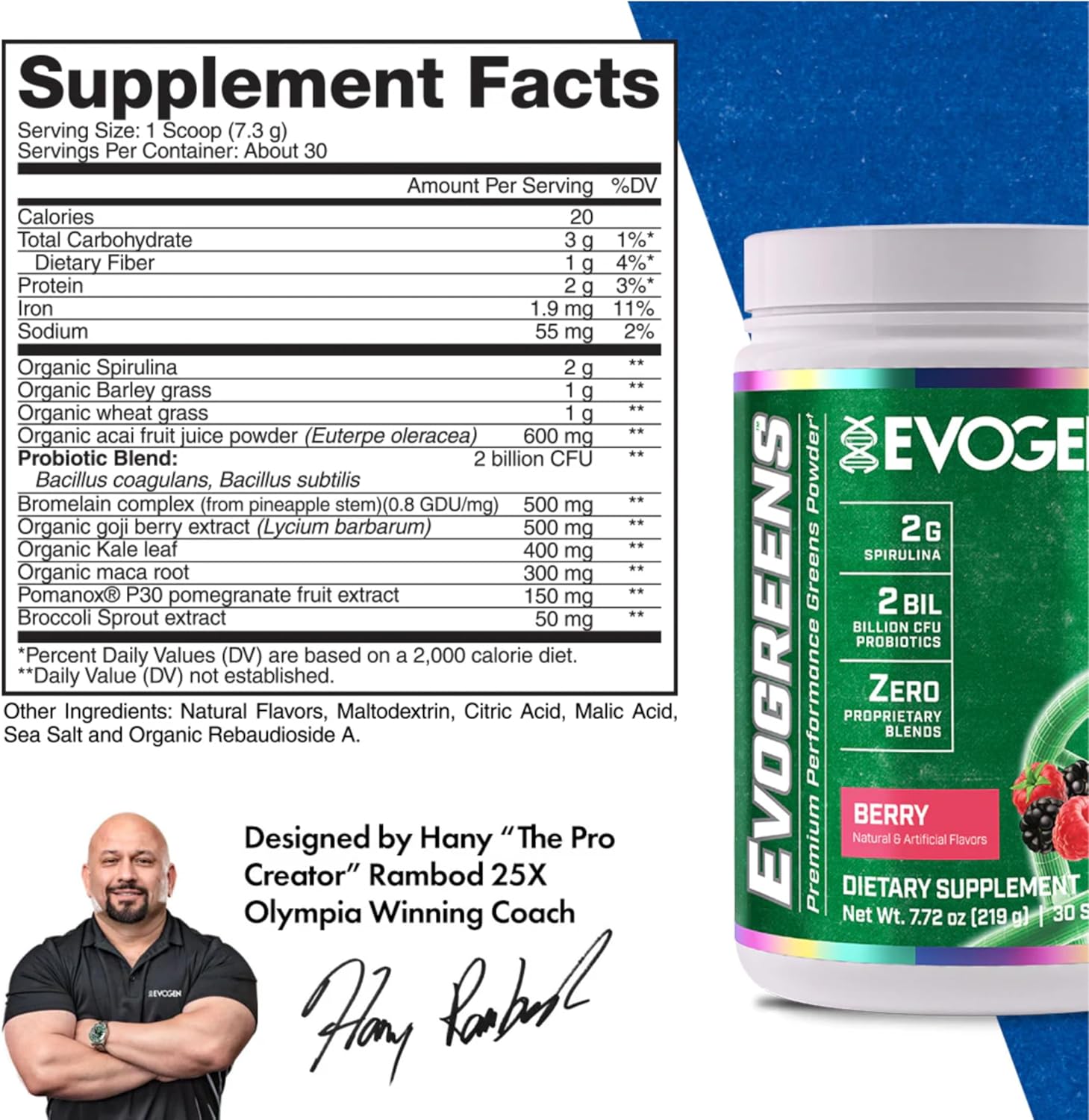 Evogen Evogreens Super Greens Powder - Boost Recovery, Wellness, & Immune Health - Spirulina, Probiotics, Pomegranate - Berry - 30 Servings