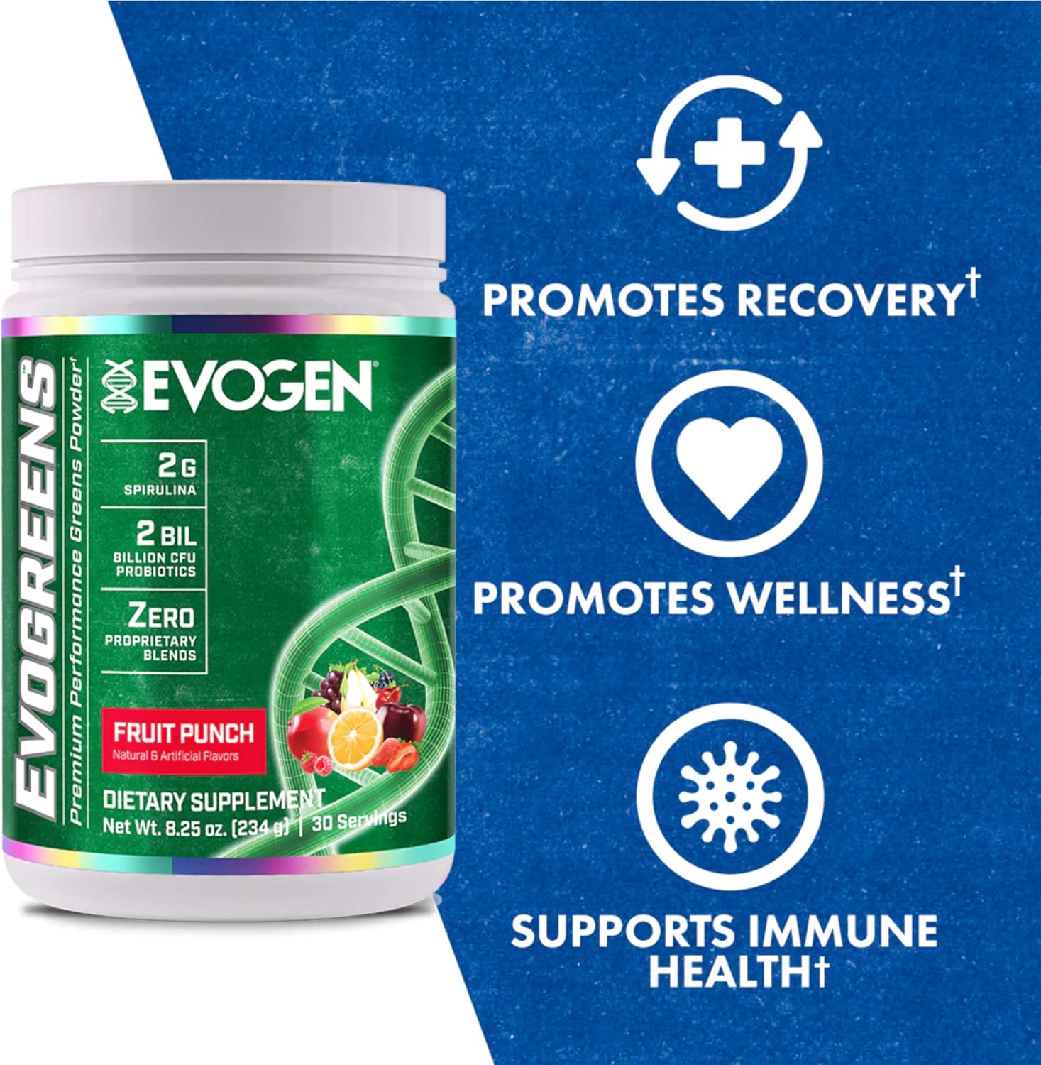 Evogen Evogreens Super Greens Powder - Boost Recovery, Wellness, & Immune Health - Spirulina, Probiotics, Pomegranate - Berry - 30 Servings