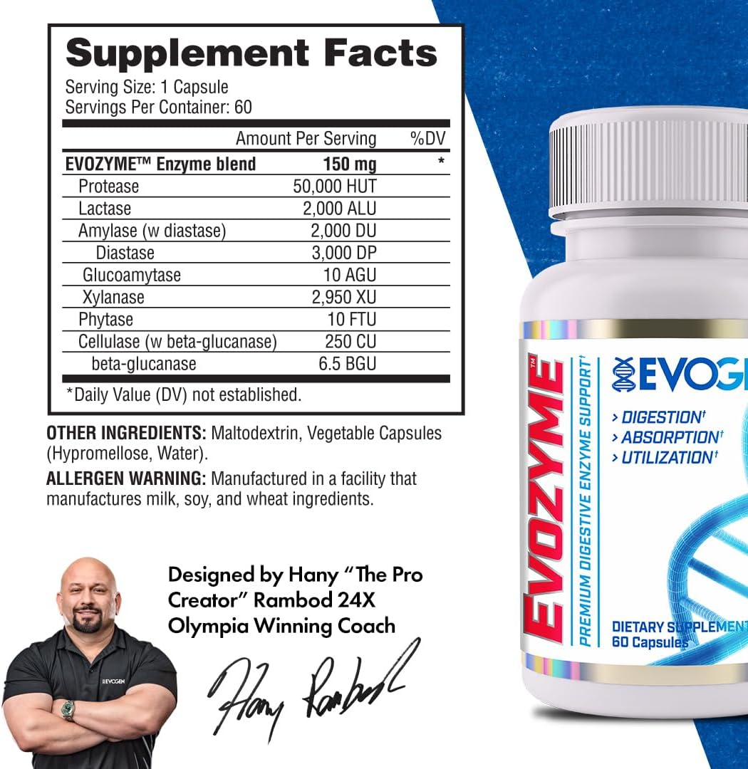 Evogen Evozyme - Digestive Enzyme Supplement for Improved Nutrient Absorption | 60 Capsules for Men and Women