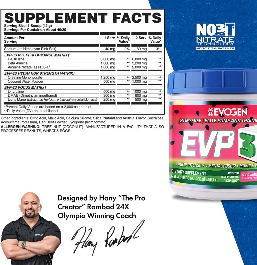 Evogen EVP 3D Sour Watermelon Pre Workout Powder - Non Stim with Beta Alanine & Creatine for Energy & Pump - 40 Servings