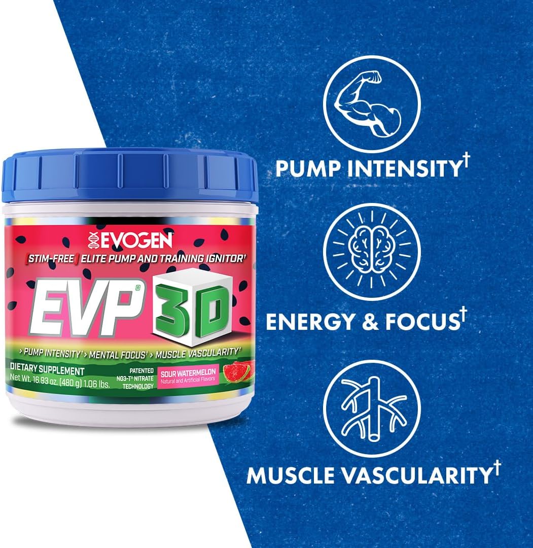 Evogen EVP 3D Sour Watermelon Pre Workout Powder - Non Stim with Beta Alanine & Creatine for Energy & Pump - 40 Servings