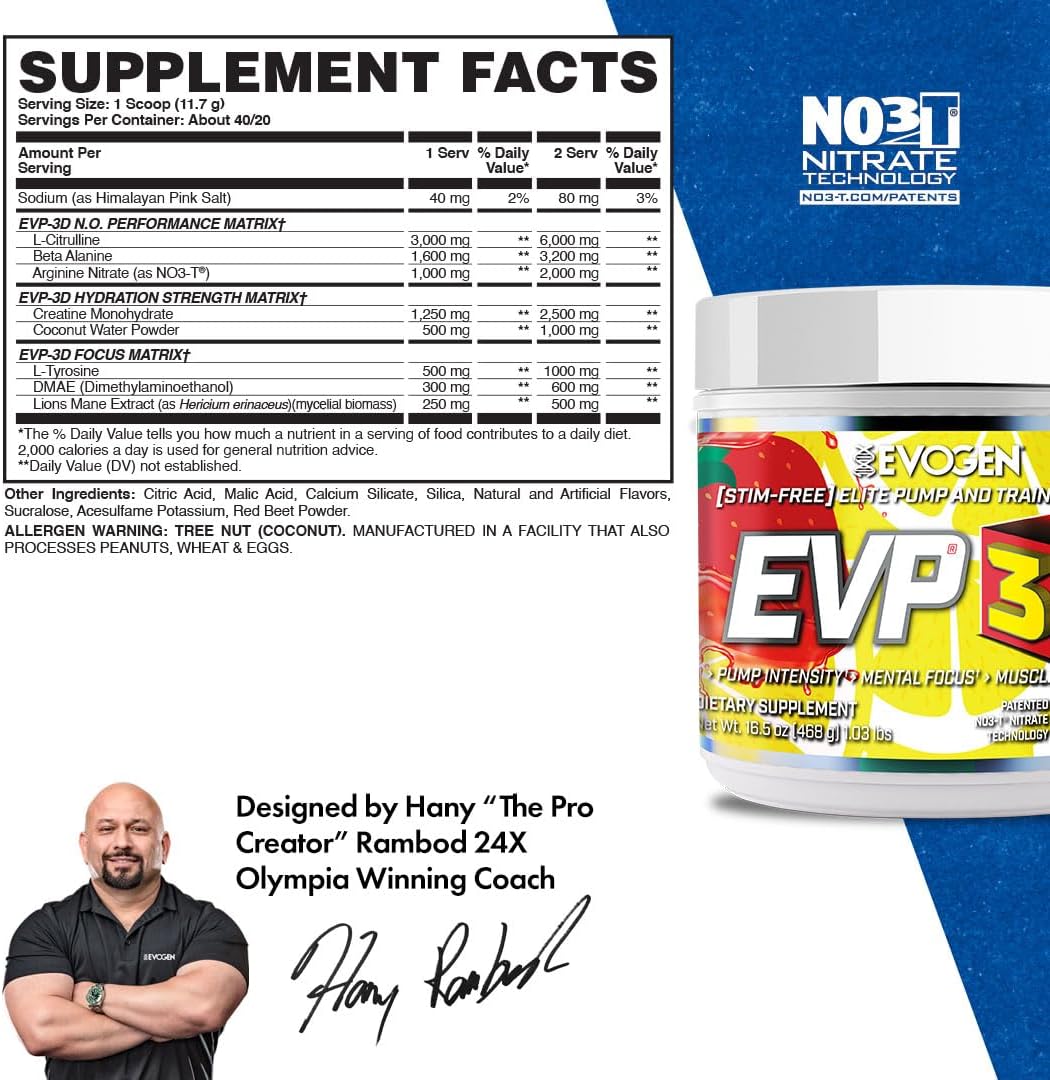 Evogen EVP 3D Sugar-Free Non-Stim Pre Workout Powder - Strawberry Lemonade, 40 Servings, Beta Alanine & Creatine for Energy & Pump