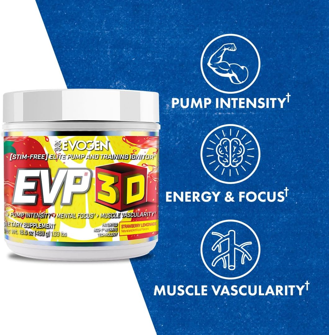 Evogen EVP 3D Sugar-Free Non-Stim Pre Workout Powder - Strawberry Lemonade, 40 Servings, Beta Alanine & Creatine for Energy & Pump