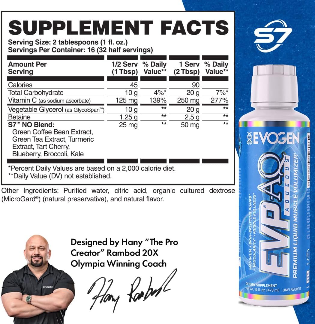 Evogen EVP AQ Liquid Glycerol Muscle Volumizer Pre Workout - Enhances Pumps, Vascularity, & Hydration - Premium Unflavored Formula for Men & Women - 16 fl oz