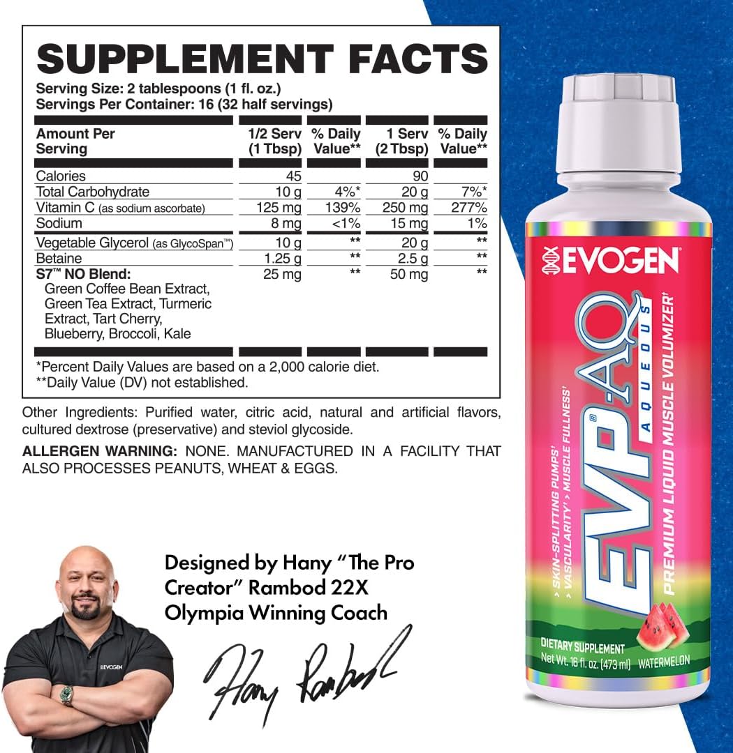 Evogen EVP AQ Liquid Glycerol Muscle Volumizer Pre Workout - Watermelon Flavor - 16 fl oz - Enhances Pumps, Vascularity, & Hydration - Premium Formula for Men & Women