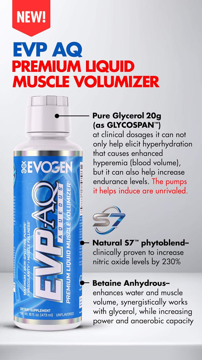 Evogen EVP AQ Liquid Glycerol Muscle Volumizer Pre Workout - Enhances Pumps, Vascularity, & Hydration - Premium Unflavored Formula for Men & Women - 16 fl oz
