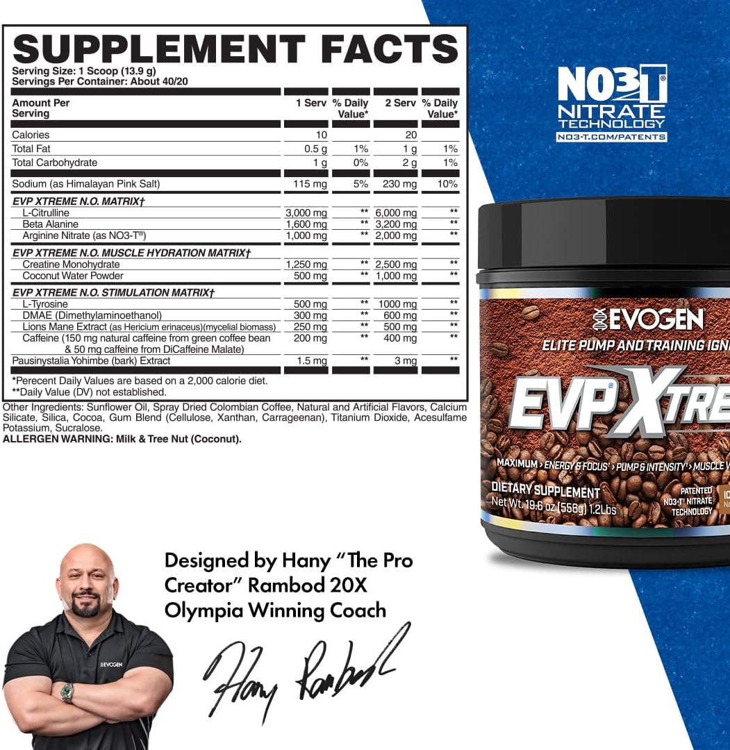 Evogen EVP Xtreme NO Pre Workout Powder - Sugar Free Energy Boost with Beta Alanine, Creatine, Caffeine - Iced Mocha Coffee Flavor - 40 Servings