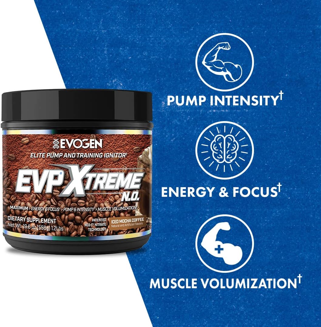 Evogen EVP Xtreme NO Pre Workout Powder - Sugar Free Energy Boost with Beta Alanine, Creatine, Caffeine - Iced Mocha Coffee Flavor - 40 Servings