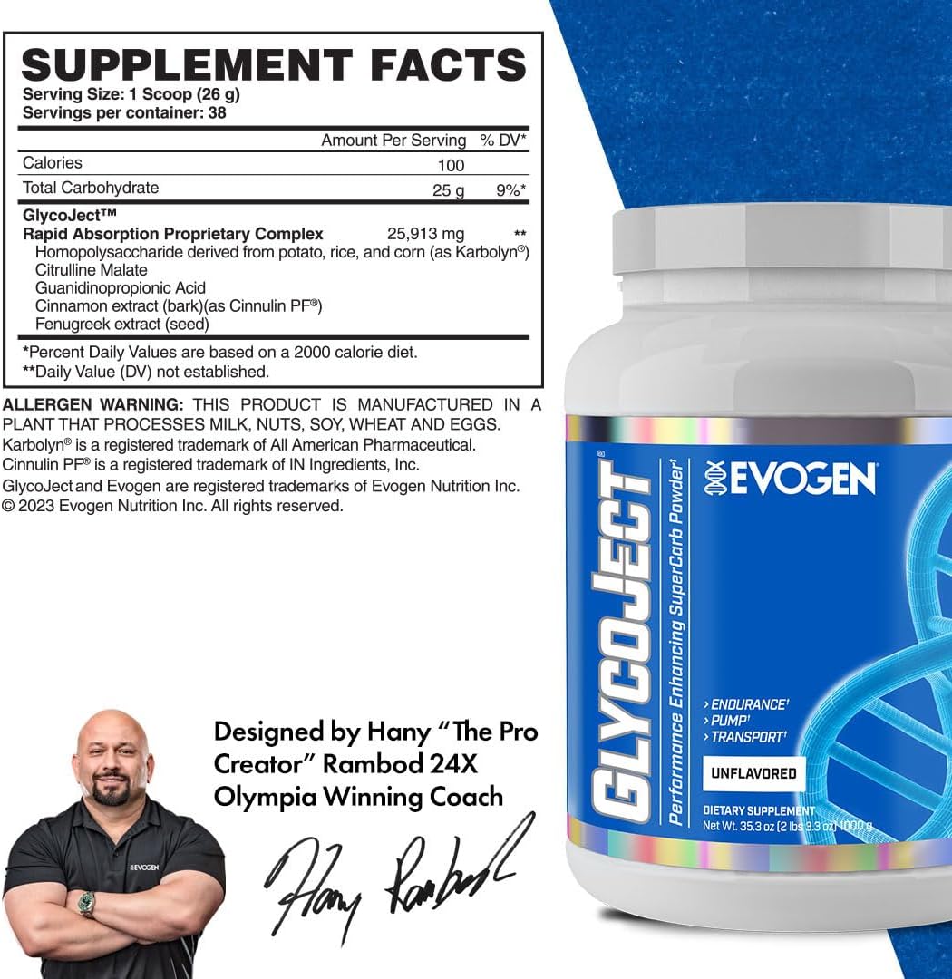 Evogen GlycoJect Super Carb Powder - Rapid Absorption Pre-Workout Fuel - Endurance Carbohydrate Powder - Unflavored, 38 Servings