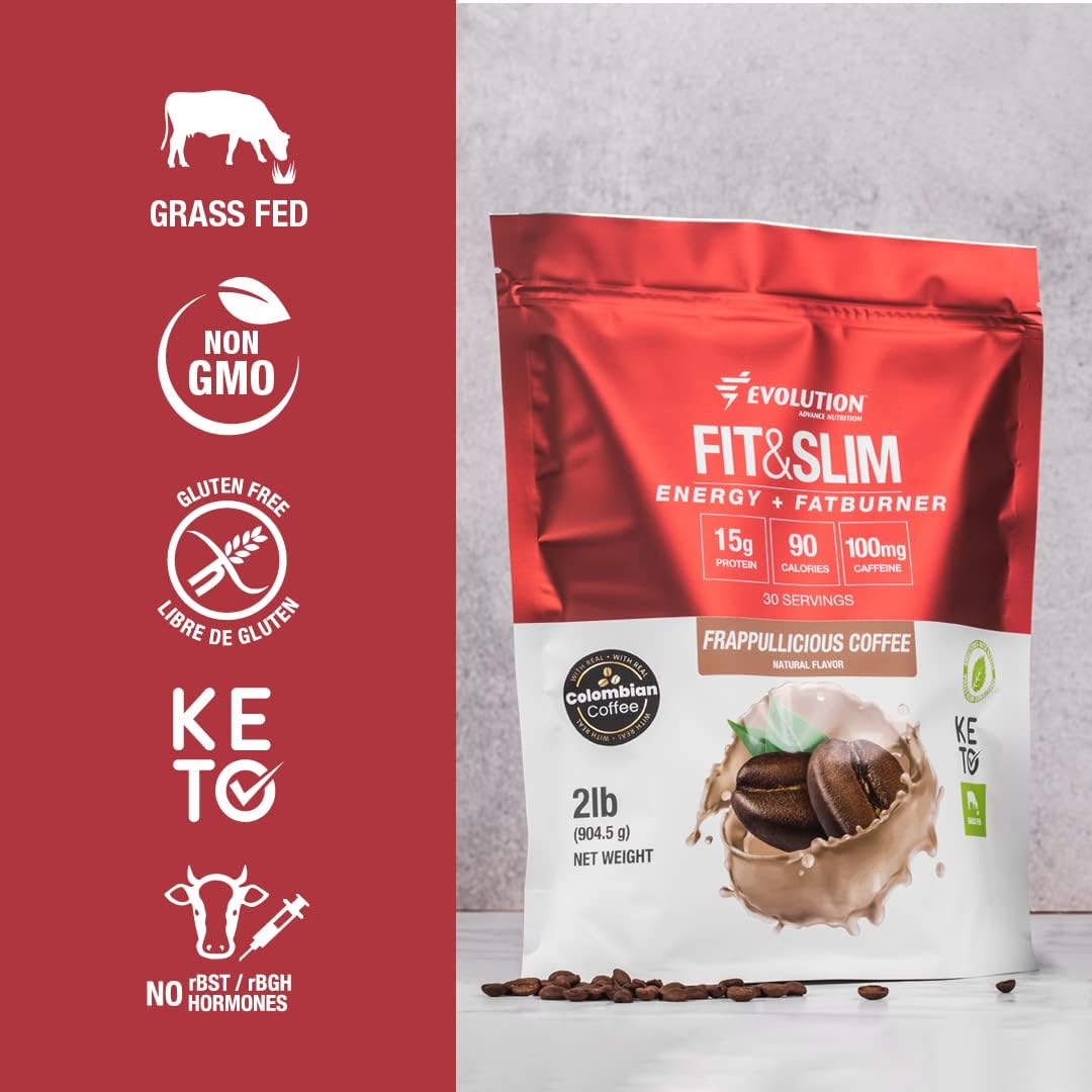 Evolution Advance Sport Nutrition Fit & Slim Grass-Fed Whey Protein Powder - Keto-Friendly, Non-GMO, Stevia Sweetened - 2 lbs (Frappullicious Coffee)