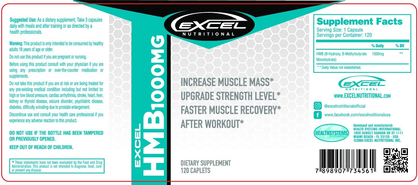 Excelnutritional HMB Capsules - 1000mg per Capsule, 120 Count - Natural Stamina, Endurance, Strength, and Metabolism Support