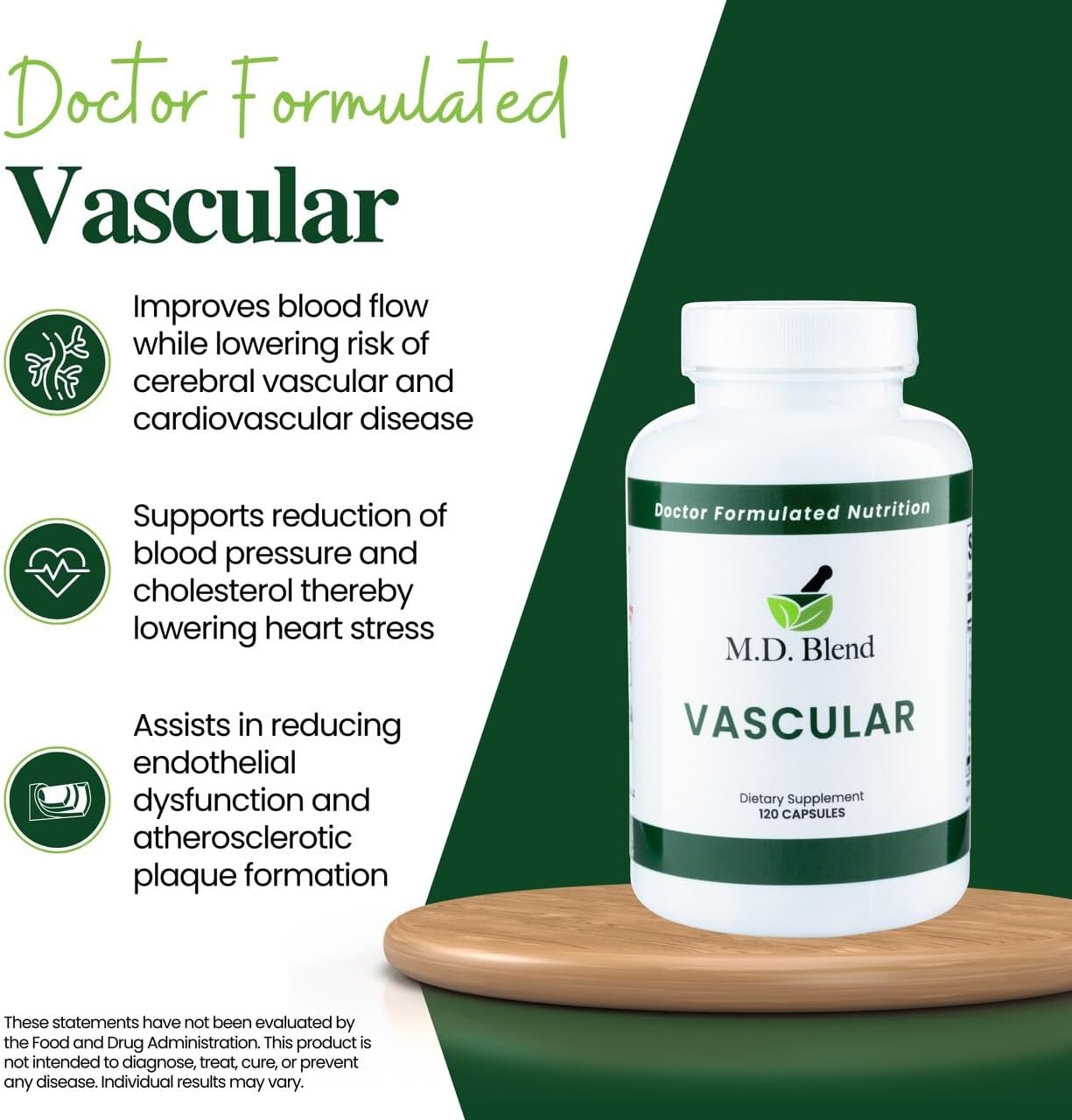 Expert Formulated M.D. Vascular Supplement for Vascular Health & Wellness - Supports Proper Blood Flow, Cholesterol Balance - With Garlic, Ginger, L-Arginine, Pomegranate - 120 Capsules