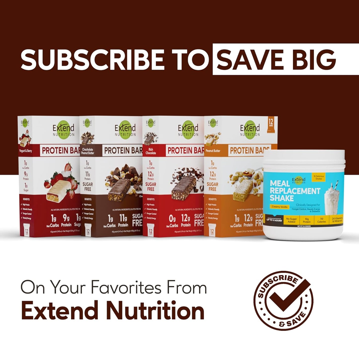 Extend Nutrition High Protein Sugar Free Bars for Hunger Control & Steady Energy - Variety Pack of 12, Keto & Diabetic Friendly