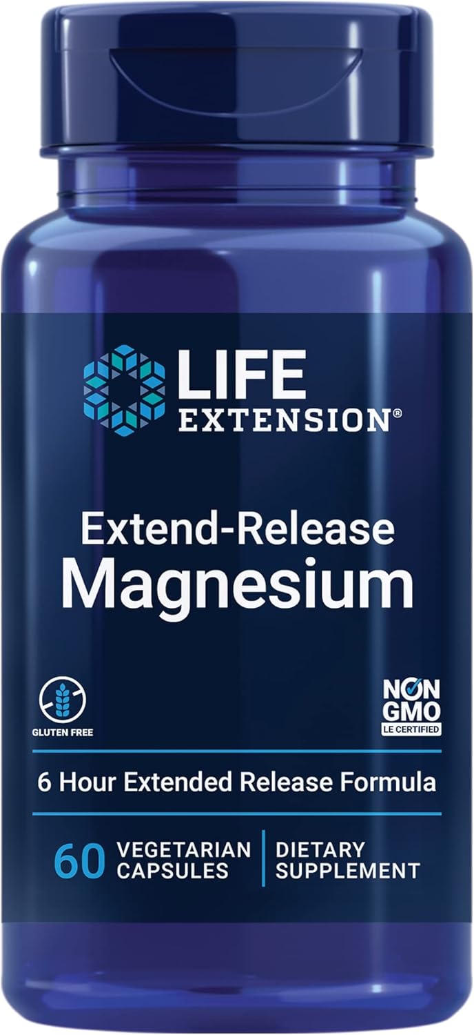 Extend-Release Magnesium Capsules for Heart & Bone Health - Bioavailable Formula, Gluten-Free, Non-GMO, Vegetarian - 60 Count