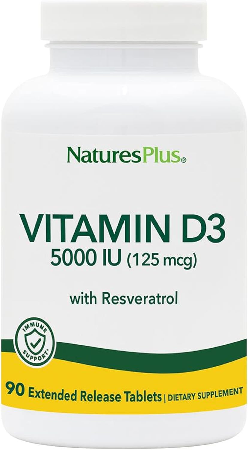 Extended Release Vitamin D3 with Trans-Resveratrol - 90 Vegan Tablets - 5000 IU - Heart & Bone Health - Immune System Support - Anti-Aging - Gluten Free