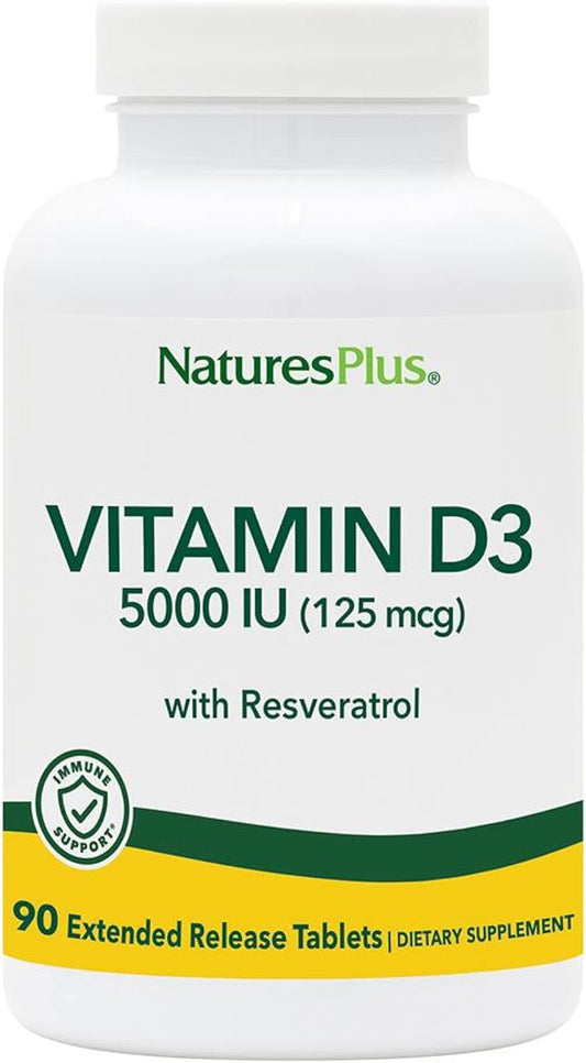 Extended Release Vitamin D3 with Trans-Resveratrol - 90 Vegan Tablets - 5000 IU - Heart & Bone Health - Immune System Support - Anti-Aging - Gluten Free
