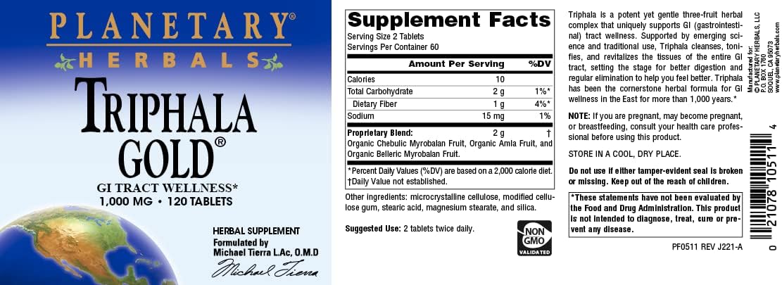 Extra Strength 1000mg Triphala Gold Ayurvedic Tablets - 120 Count