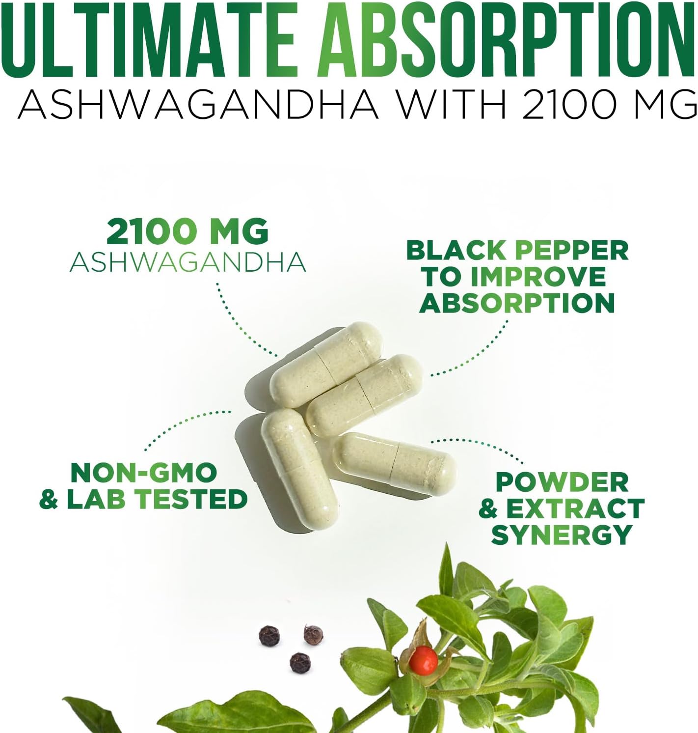 Extra Strength 2100mg Ashwagandha Supplements for Women & Men - Antioxidant Support, Vegan Powder - Non-GMO & Gluten Free - 60 Capsules