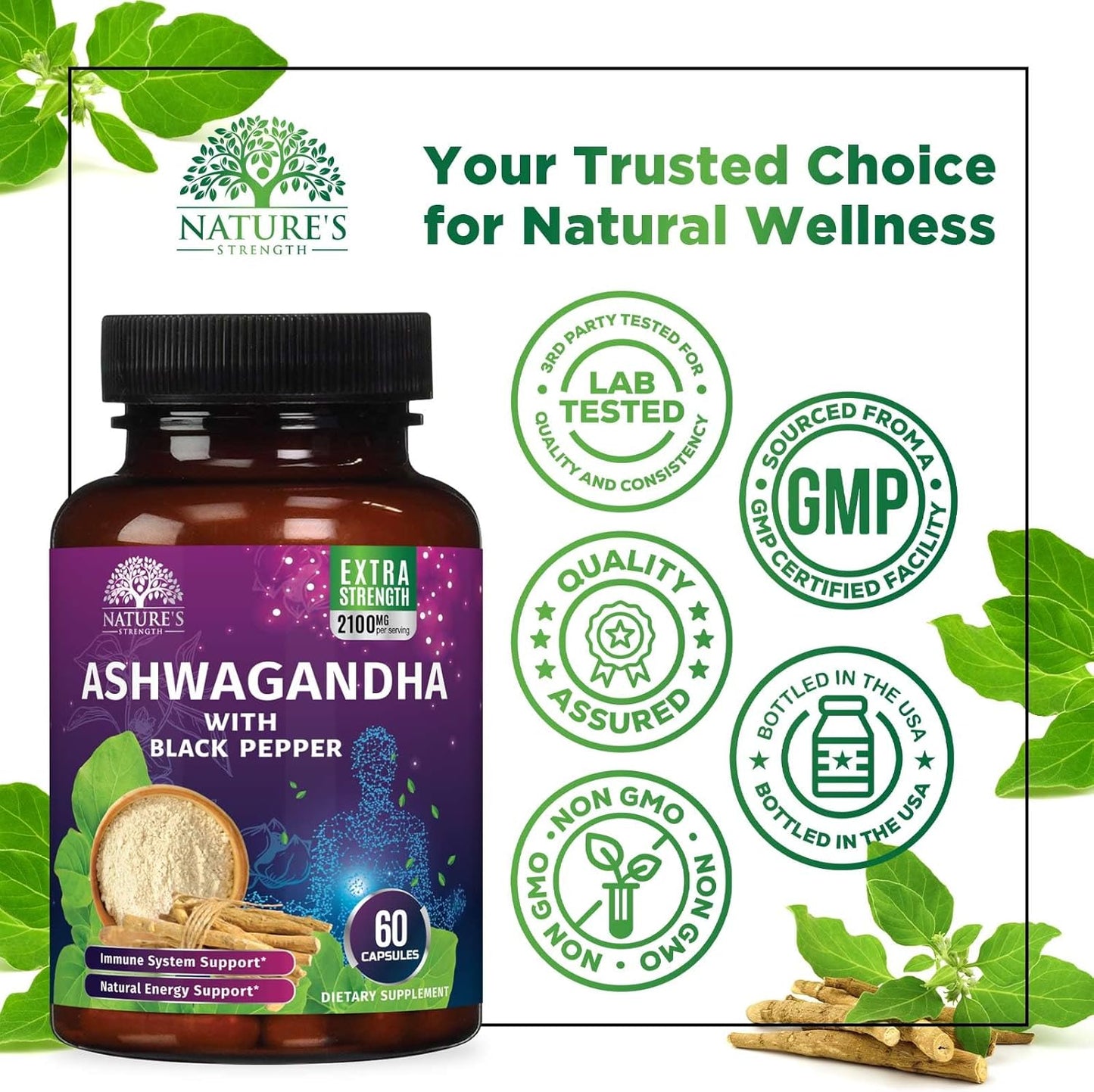 Extra Strength 2100mg Ashwagandha Supplements for Women & Men - Antioxidant Support, Vegan Powder - Non-GMO & Gluten Free - 60 Capsules