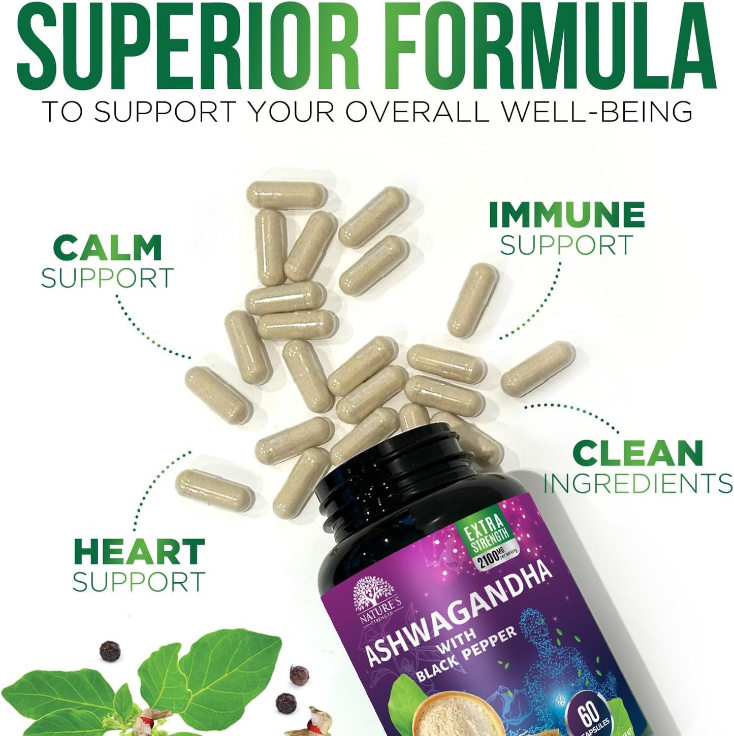 Extra Strength 2100mg Ashwagandha Supplements for Women & Men - Antioxidant Support, Vegan Powder - Non-GMO & Gluten Free - 60 Capsules