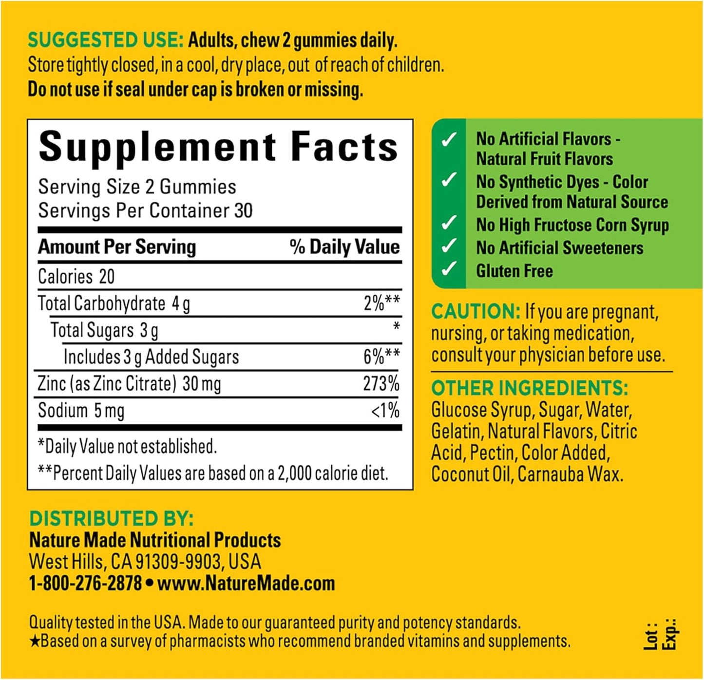 Extra Strength 30 mg Zinc Gummies for Immune Health and Antioxidant Support - 60 Count