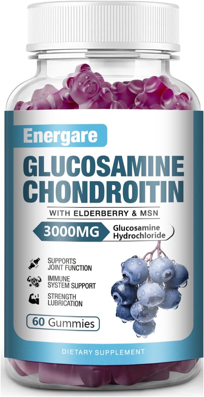 Extra Strength 3000mg Glucosamine Chondroitin with MSM & Elderberry Gummies for Joint Health, Flexibility, and Immune Support - 60 Count Pack for Adults, Men, and Women