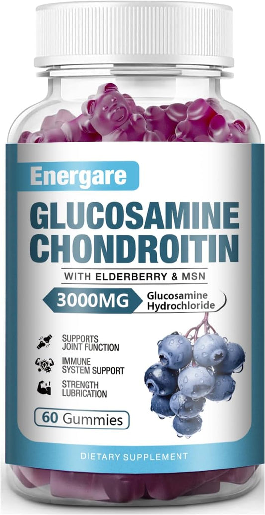 Extra Strength 3000mg Glucosamine Chondroitin with MSM & Elderberry Gummies for Joint Health, Flexibility, and Immune Support - 60 Count Pack for Adults, Men, and Women