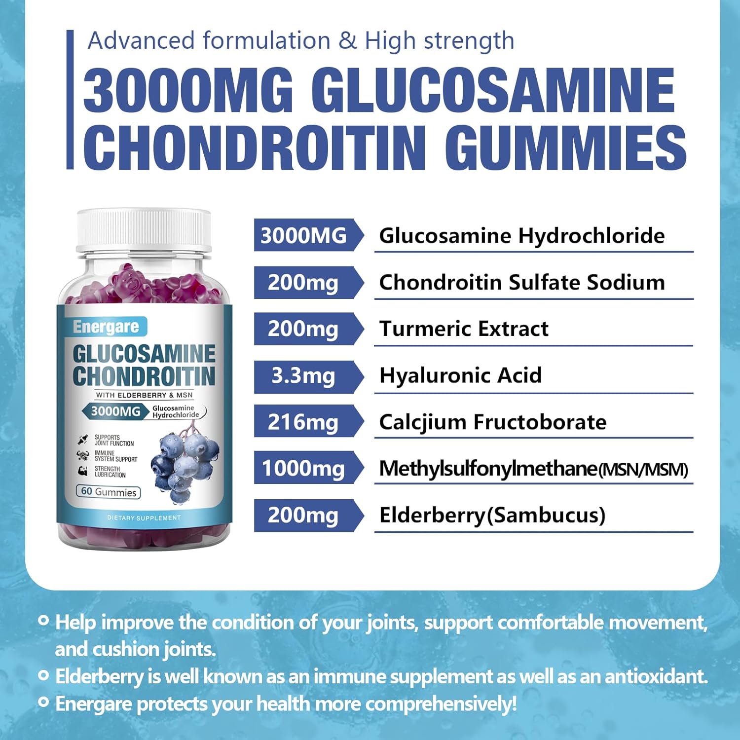 Extra Strength 3000mg Glucosamine Chondroitin with MSM & Elderberry Gummies for Joint Health, Flexibility, and Immune Support - 60 Count Pack for Adults, Men, and Women